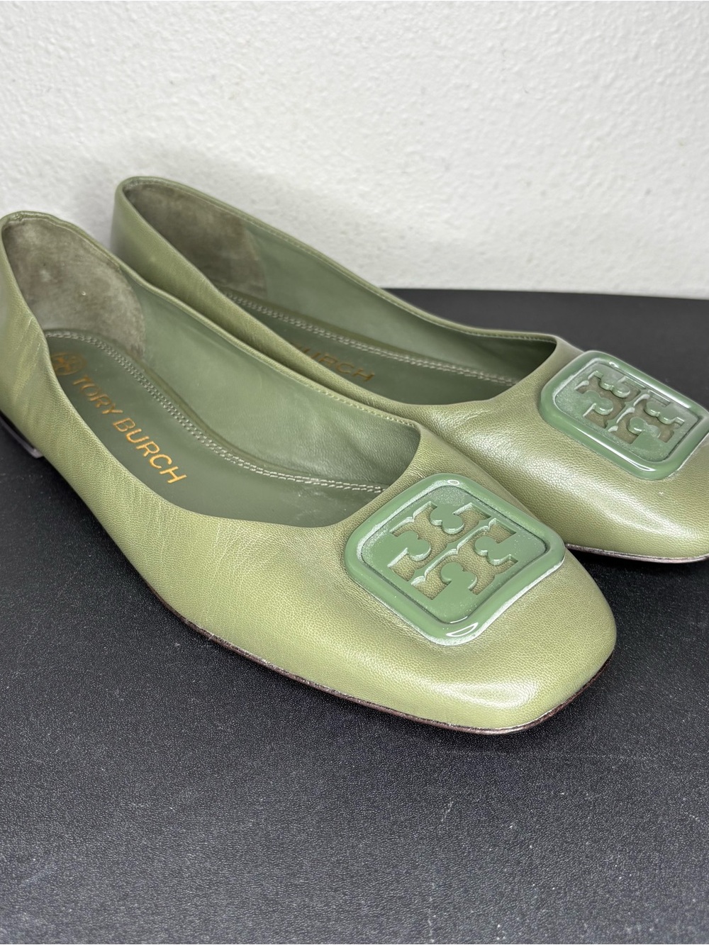 Tory Burch Georgia Square-toe Flat Green Smooth Ballet Flats Green Sz 9.5 M